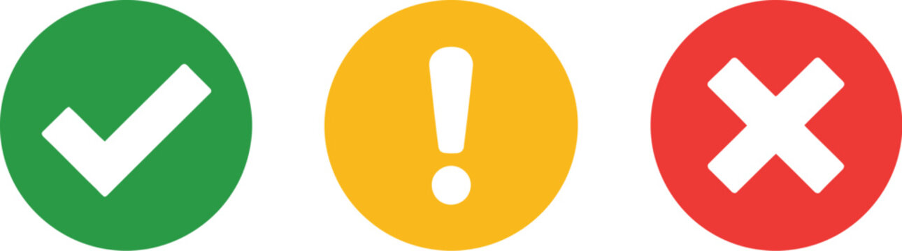 Visual communication symbols for feedback and status updates, featuring a green checkmark for success, a prominent yellow warning exclamation, and a clear red cross indicator for errors