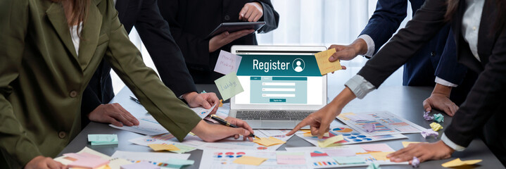 Analyst team use sticky note for creative and analytic brainstorm for business idea with BI data dashboard on laptop screen. Analysis financial data visualization tech for marketing strategy. Prodigy