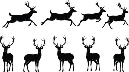 Set of Majestic Deer Silhouettes: Standing and Running Reindeer or Stag Icons