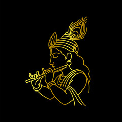 Golden Outline Lord Krishna Playing Flute Traditional Religious Symbol Illustration