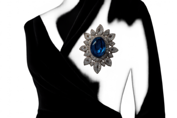 Blue sapphire and diamond brooch on velvet, isolated, transparent background.