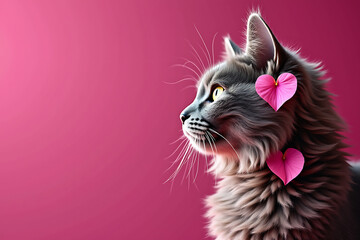 Adorable maine coon cat with pink hearts on a vibrant pink background