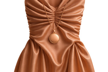 Elegant gold locket on luxurious ruched bronze silk fabric, isolated