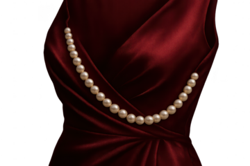 Elegant pearl necklace on luxurious red satin fabric, isolated on transparent background