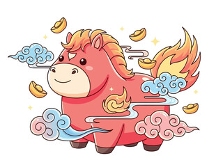 Cartoon Horse with Flaming Tail and Clouds, Chinese New Year Style