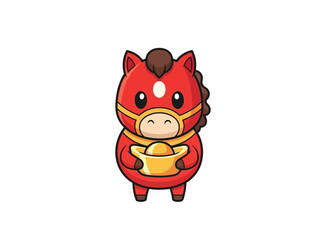 Cartoon Red Horse Holding Golden Ingot, Chinese New Year Mascot