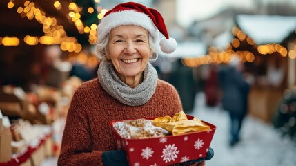 A joyful elderly woman in a festive Santa hat smiles while holding a red box of treats, surrounded by holiday lights at a market.
