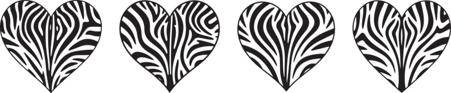 Four stylized heart shapes featuring striking black and white zebra stripe patterns