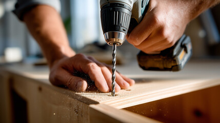 Carpenter drilling holes for shelf pins inside cabinet. Close-up of a drill creating evenly spaced holes for adjustable shelving. Fine wood dust and natural shadows keep the image