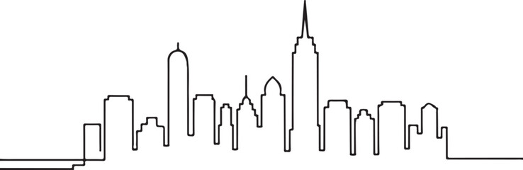 Black and White Continuous Line City Skyline Silhouette with Clean Minimal Strokes in Elegant Monochrome Vector Illustration
