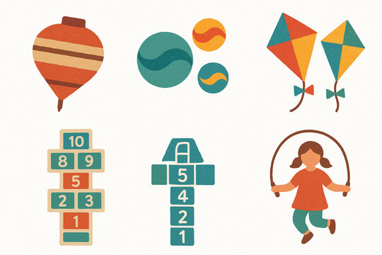 Traditional Peruvian children&rsquo;s games vector icons in torn textured grid on white background