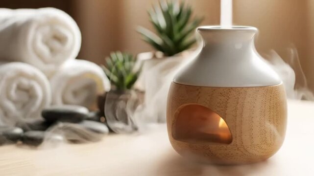Modern wooden essential oil diffuser releasing therapeutic steam, surrounded by soft white towels and spa stones, perfect for relaxation tutorials and wellness promotions.
