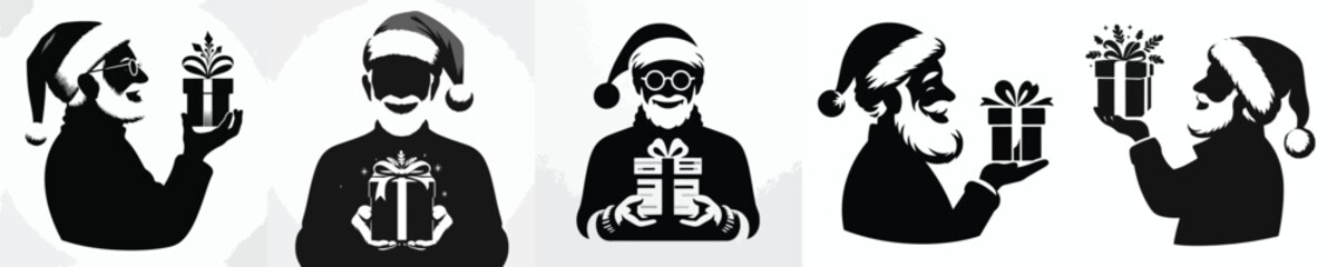 vector silhouette of a grandfather carrying a Christmas gift
