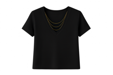 Black V-neck shirt, three gold chains, isolated, transparent background.