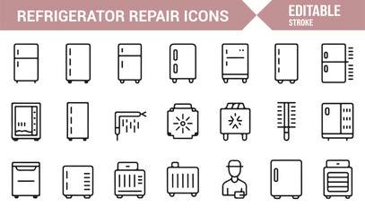 Modern Line Art Icons Depicting Fridges, Appliance Repair Gear, Technician Symbols, and Cooling Equipment