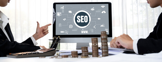 SEO search engine optimization for brisk e-commerce and online retail business showing on computer...
