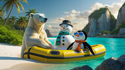 AI-generated image of a Polar bear penguin and a Snowman escaping the cold weather to a tropical island