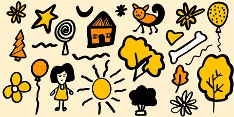 Colorful doodle illustration featuring cute childlike drawings of sun, trees, flowers, animals, house, balloons and abstract shapes. Perfect for kids art, background, pattern, cartoon design.
