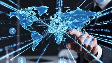 Global digital network interaction with glowing world map and abstract icons - Powered by Adobe