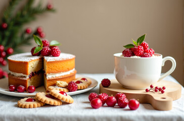 A festive, cozy, homey still life with cake, cookies, and raspberries. Against a background of fir branches and festive bokeh lights. Templatefor seasonal  cards.