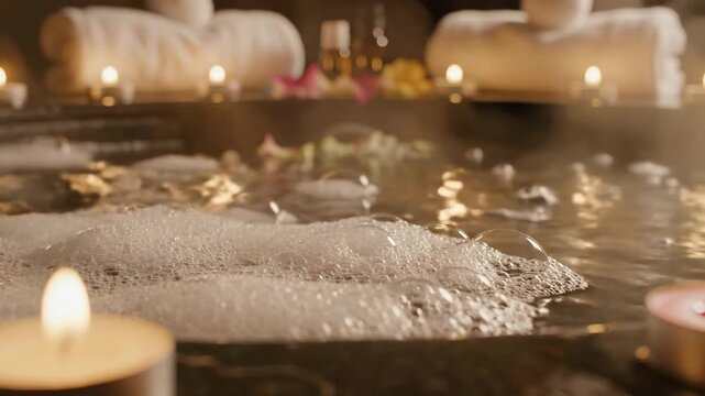 Close-up shot of hot foamy water bubbling in a luxurious jacuzzi or spa bath, surrounded by flickering candles and soft towels, perfect for relaxation and luxury hotel advertising.