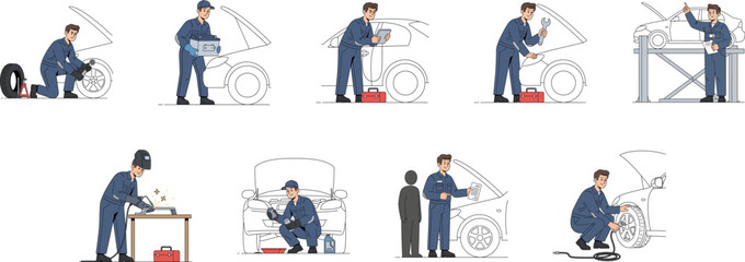 Professional Car Mechanic Worker Repairing Vehicle Maintenance Set