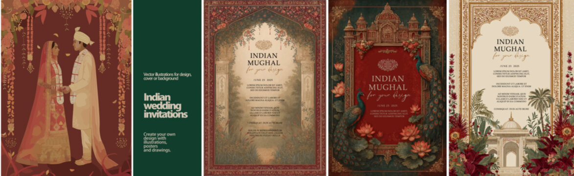 Elegant Indian wedding invitation set featuring Mughal-style arches, floral motifs, peacocks, and traditional bride-groom illustrations. Perfect for luxury cards, events, and festive designs.