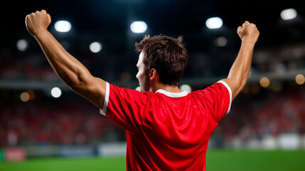 Soccer player uniform, celebrating goal stadium, field concept sport, victory passion success, emotional triumph professional, football achievement moment, faceless player celebrat