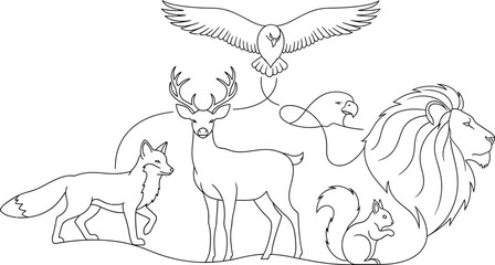 A big bundle Outline wild safari animals vector illustration of coloring page for kids and wild animals from tropical jungle, tiger macaque camel elephant bird lion deer wolf fish etc.