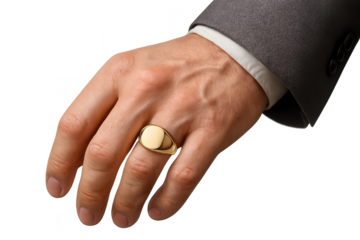 Man's hand wearing a gold signet ring, isolated on transparent background