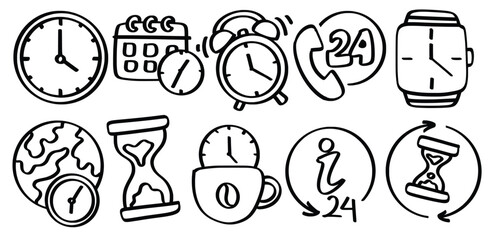 Set of hand drawn Time And Clock theme Isolated Vector
