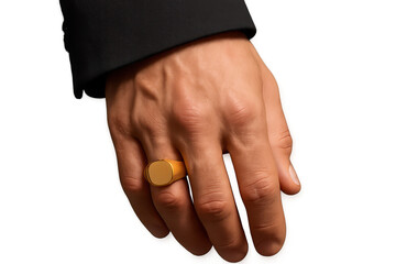 Fototapeta premium Man's hand with a golden signet ring isolated on transparent background, formal