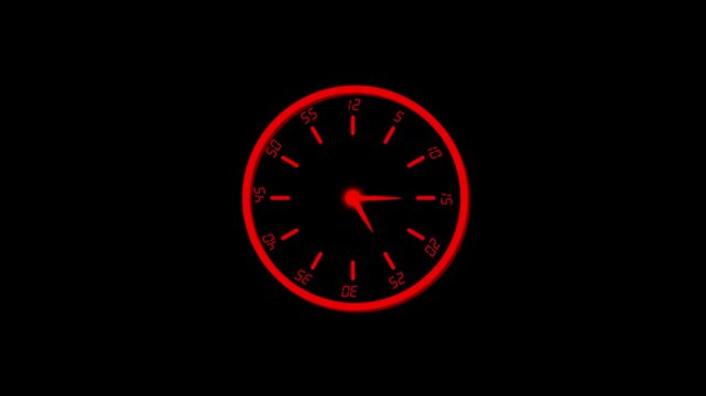 Twelve-hour clock running with continuously moving arrows, presenting a seamless dial loop and rapid twenty-four-hour time-lapse effect as hours transition quickly across a clean white background