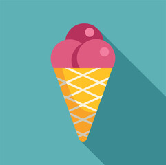Ice cream cone with pink scoops, long shadow, flat design style