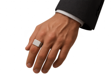 Man's hand wearing a sleek rectangular signet ring, isolated on transparent background.