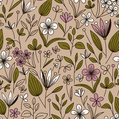 Seamless botanical pattern with white and pink flowers and green leaves with black outlines and little bees on pink background. Could be used as wallpaper, texture, print, fabric. 