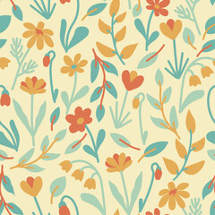 Seamless vintage  botanical pattern with blue, red and yellow flowers and leaves on yellow background in pastel colors. Could be used as wallpaper, texture, print, fabric. 