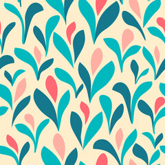 Seamless floral pattern with blue leaves and pink flowers on yellow background. Could be used as wallpaper, texture, print, fabric. 