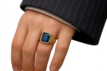 Man's hand with a gold ring and blue gemstone on transparent background.