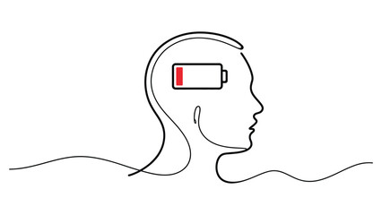 Minimal continuous line art human head with low battery icon symbolizing stress burnout fatigue and mental exhaustion in modern conceptual illustration