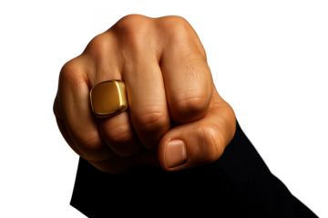 Powerful male fist with a golden signet ring, isolated on transparent background