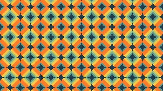 Video of eamless geometric pattern  with circles containing orange, yellow and green stripes on dark blue background. Could be used as wallpaper or background for any content, loops continuously.