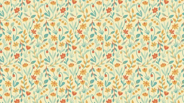 Video of seamless vintage botanical pattern with blue, red and yellow flowers and leaves  in pastel colors. Could be used as wallpaper or background for any content, loops continuously. 