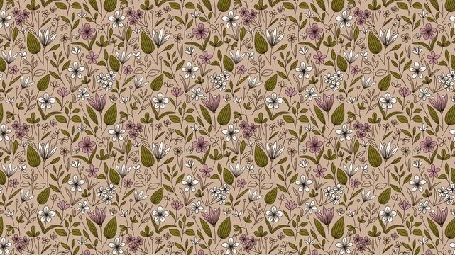Video of seamless botanical pattern with white and pink flowers and green leaves with black outlines  on light pink color. Could be used as wallpaper or background for any content, loops continuosly