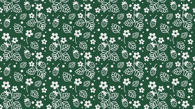 Seamless botanical pattern video with strawberries' bushes, white outlines on green background. Could be used as wallpaper or background for any content, loops continuously. 