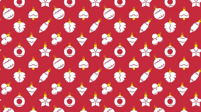 Seamless holiday pattern video with white christmas decorations on happy red background. Could be used as wallpaper or background for any content, loops continuously. 
