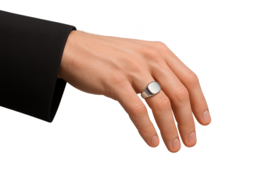 Stylish man's hand with silver signet ring, isolated on transparent background