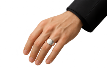Elegant silver signet ring on a male hand, isolated on transparent background.
