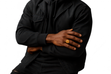Man, crossed arms, black jacket, golden ring, isolated, transparent background.