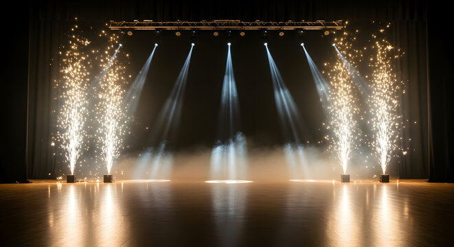 Empty concert stage with spotlights, smoke, and pyrotechnics creating a dynamic display